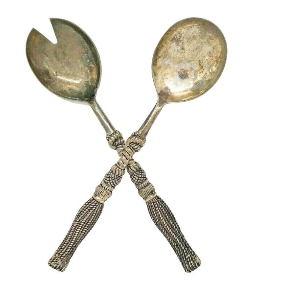 Silea Silver Plate Salad Serving Set Fork & Spoon Textured Rope Handle -Italy - Picture 7 of 14